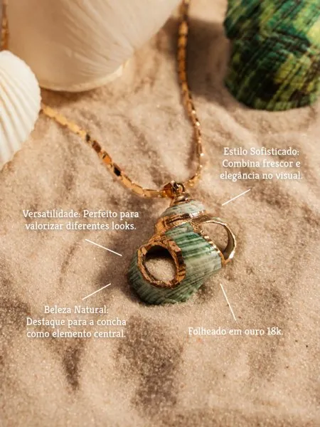 Colar com Pingente de Concha Marinha Verde e Dourada folheado em ouro 18k - Imagem 5